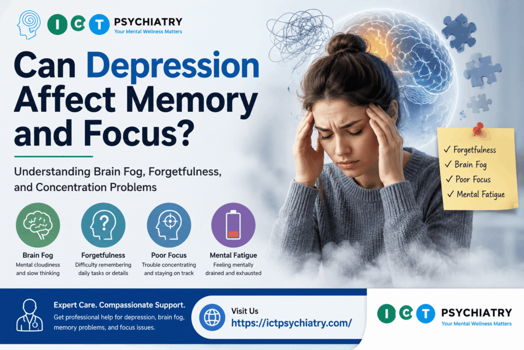 Can depression affect memory and focus infographic showing brain fog, forgetfulness, and concentration problems