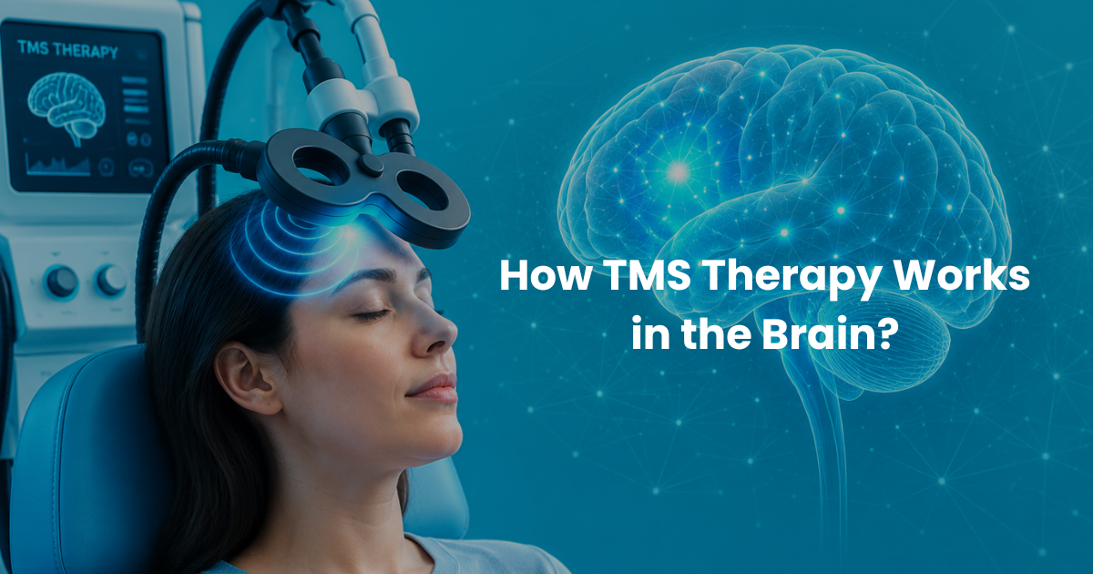 Illustration showing how TMS Therapy stimulates brain activity to help treat depression and improve mood regulation.