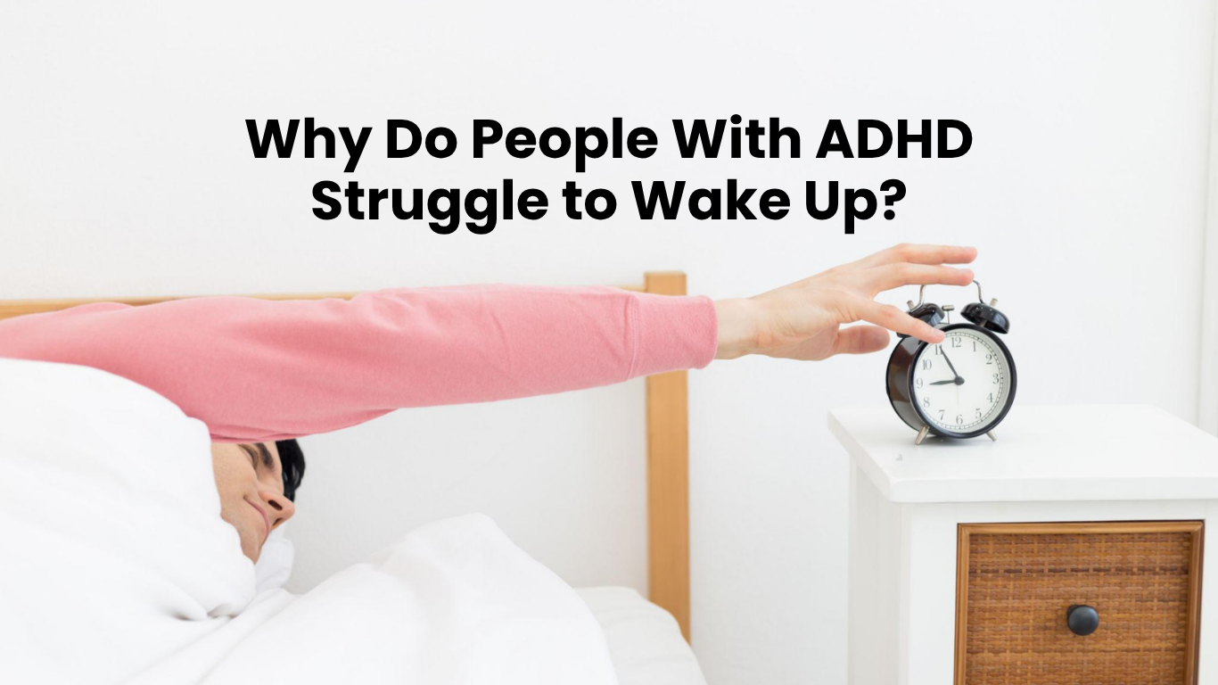 Person reaching toward an alarm clock while lying in bed, illustrating the difficulty waking up in the morning often experienced by people with ADHD.