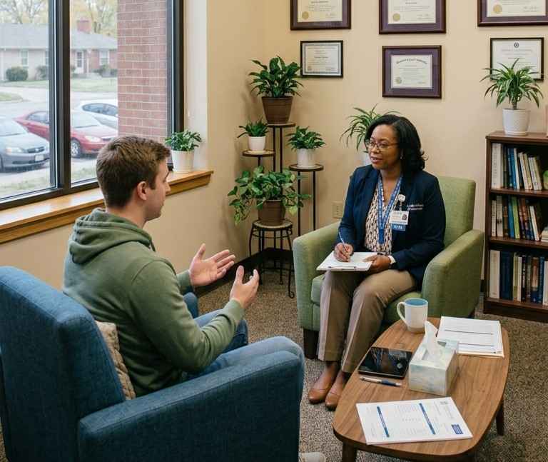 A female psychiatrist conducting a clinical psychiatric evaluation in Kansas with a patient.