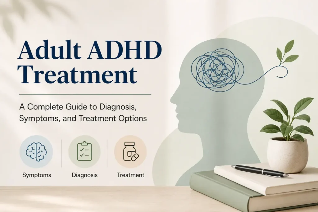 Adult ADHD treatment guide illustration showing diagnosis, symptoms, and treatment options for adults with ADHD.