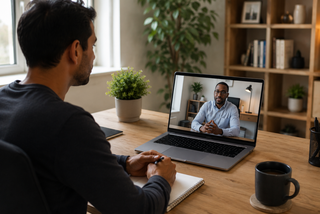Patient attending an online ICT psychiatry consultation for depression treatment from a home and office in Overland Park.