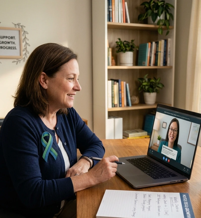 A patient in Overland Park utilizes confidential telehealth services at ICT Psychiatry for ongoing panic disorder treatment and regular virtual follow-up care with a therapist.
