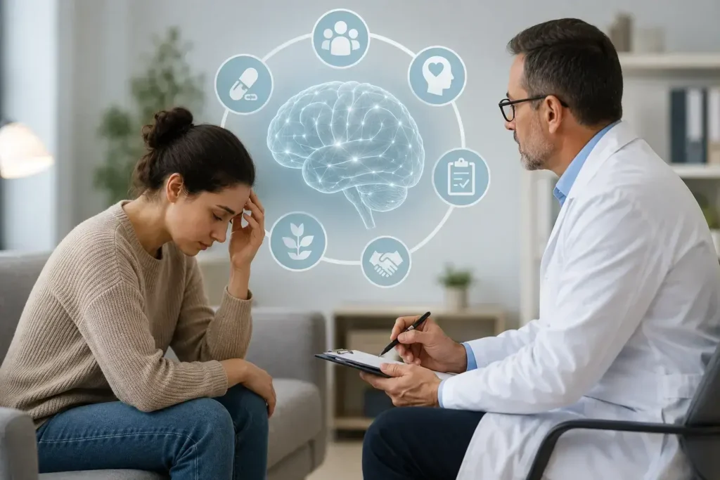 Adult receiving a personalized schizophrenia treatment consultation 