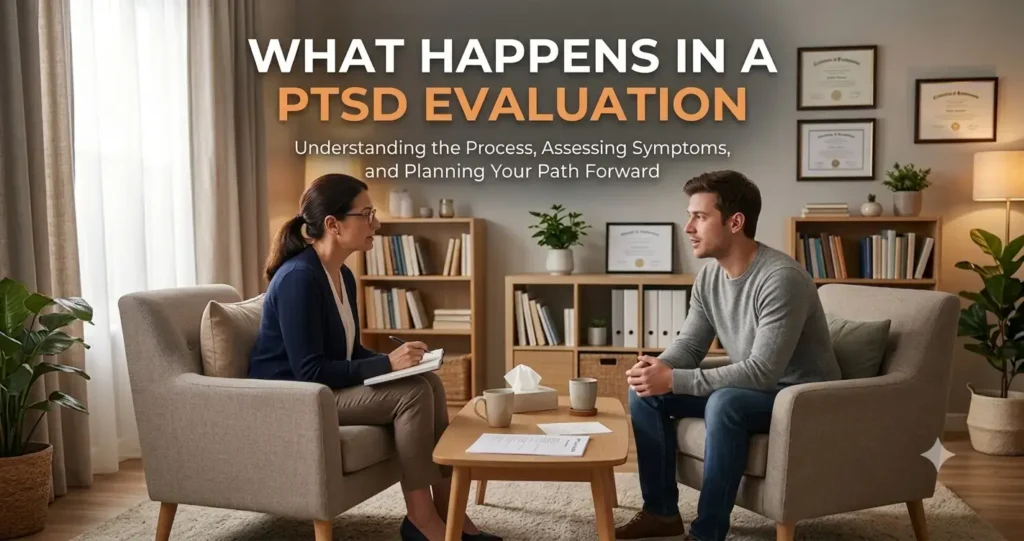 ICT Psychiatry telehealth PTSD evaluation consultation showing a psychiatric provider meeting with an adult patient to assess trauma symptoms and discuss treatment options.