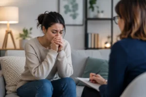 Person receiving professional mental health support during a panic disorder therapy session in a calm counseling office.